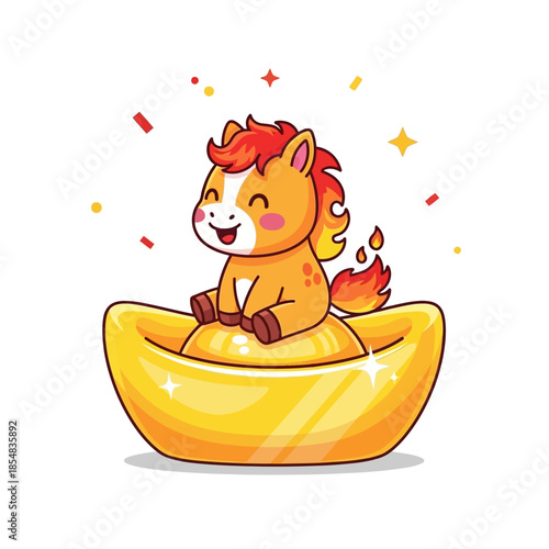 Cute cartoon horse sitting on a golden Chinese ingot with confetti and sparkles, celebrating good fortune and prosperity.