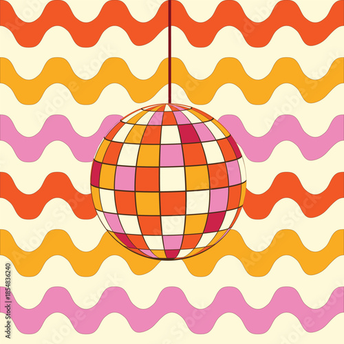 Retro disco ball on vintage groovy waves background in orange, mustard yellow, red and pink. For retro backgrounds, retro party invitations  and posters