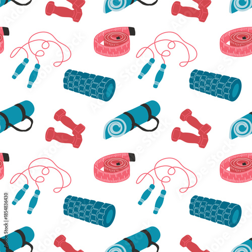 Seamless flat pattern with fitness equipment: yoga mat, foam roller, dumbbells, jump rope, measuring tape. Bold vector design for activewear or gym decor.