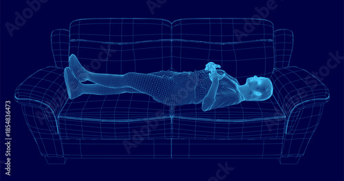 A 3D wireframe model of a girl sleeping peacefully on a sofa, rendered against a solid blue background.