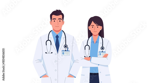 Medical professionals in white coats with stethoscopes on plain background