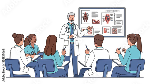 Medical professional giving presentation to diverse healthcare team