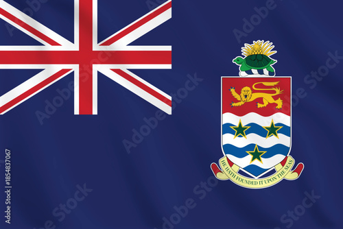 National Flag of the Cayman Islands with Realistic Waving Fabric Texture, Union Jack and Coat of Arms Illustration