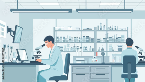 Scientists conducting research in modern laboratory with advanced equipment