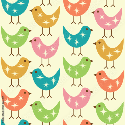 Mid century colorful birds with atomic stars seamless pattern in mustard yellow, teal, pink and coral on cream background. For wallpaper, fabric, textile and home décor