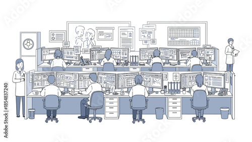 Illustration of Scientists Working in a High-Tech Control Room