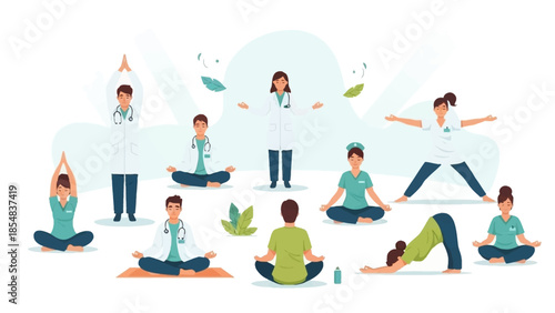 Healthcare professionals practicing yoga and meditation in a serene setting