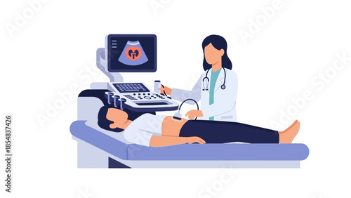 Doctor performing ultrasound scan on pregnant woman in medical clinic