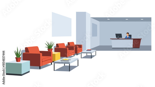 Modern office reception area with seating and front desk