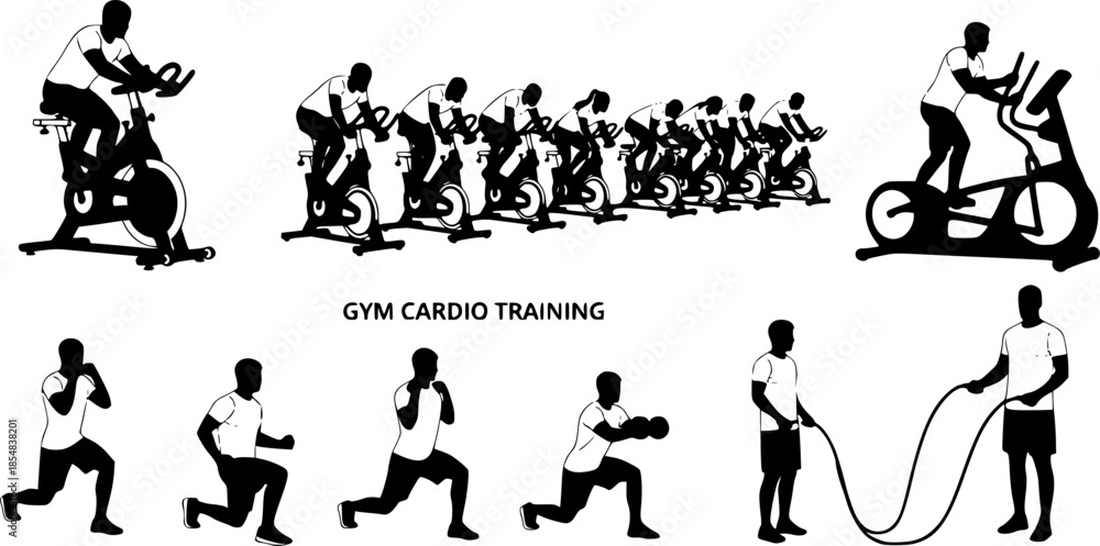 Obraz premium Indoor Cycling Silhouettes – Stationary Bike Workout, Spin Class Poses, Gym Cardio Training, Fitness Exercise Vector Illustration Set