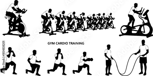 Indoor Cycling Silhouettes – Stationary Bike Workout, Spin Class Poses, Gym Cardio Training, Fitness Exercise Vector Illustration Set