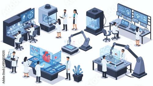Isometric illustration of scientists working in a futuristic laboratory