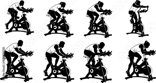 Indoor Cycling Silhouettes – Stationary Bike Workout, Spin Class Poses, Gym Cardio Training, Fitness Exercise Vector Illustration Set