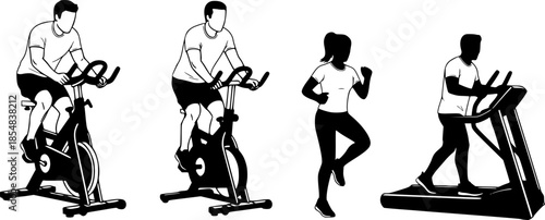 Indoor Cycling Silhouettes – Stationary Bike Workout, Spin Class Poses, Gym Cardio Training, Fitness Exercise Vector Illustration Set