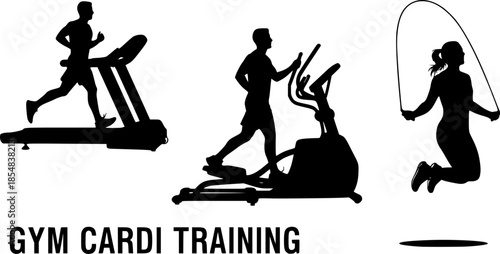 Indoor Cycling Silhouettes – Stationary Bike Workout, Spin Class Poses, Gym Cardio Training, Fitness Exercise Vector Illustration Set