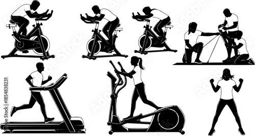 Indoor Cycling Silhouettes – Stationary Bike Workout, Spin Class Poses, Gym Cardio Training, Fitness Exercise Vector Illustration Set