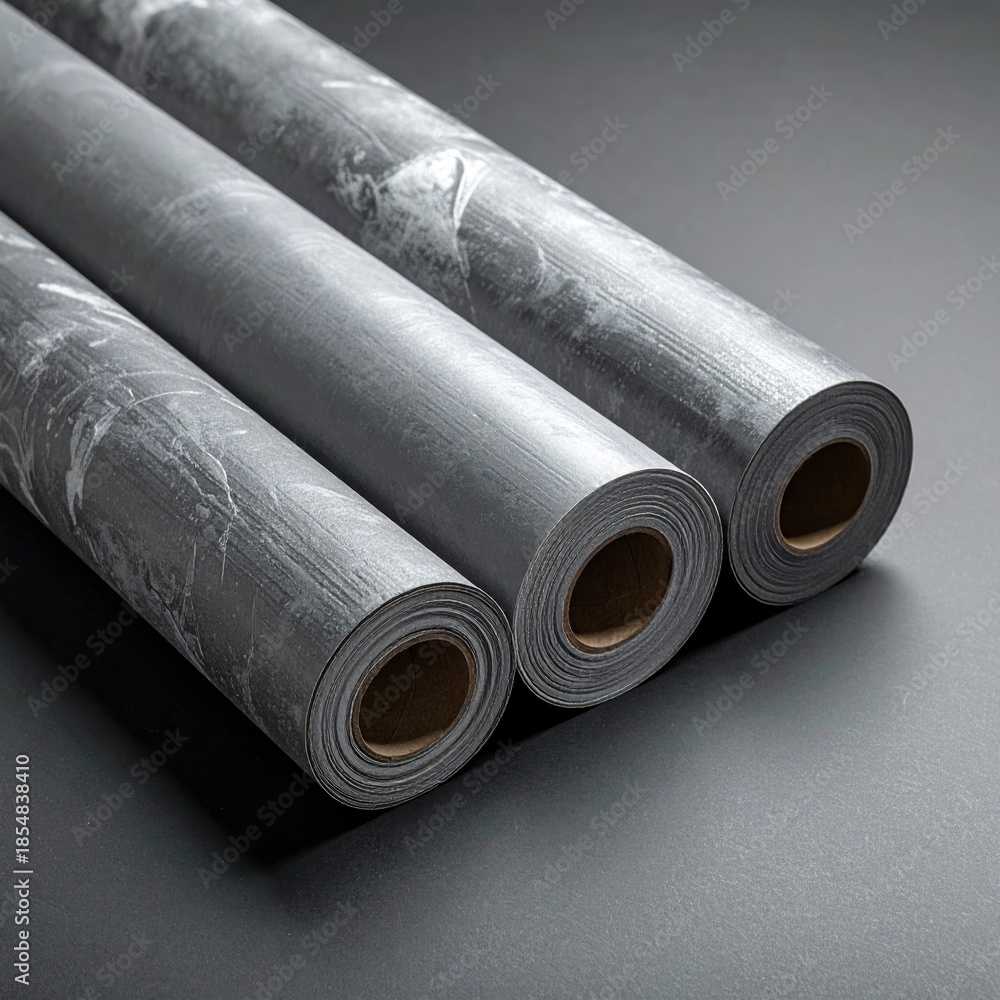 Fototapeta premium Three rolls of gray, marble-patterned material, likely vinyl or wallpaper, rest on a gray surface