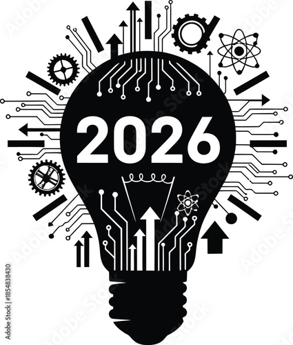 Digital technology concept showing the year 2026 inside a glowing lightbulb surrounded by circuit board elements and futuristic progress arrows