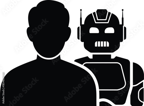 Silhouette of a human figure standing beside a futuristic robot icon symbolizing artificial intelligence collaboration or digital partnership in technology.