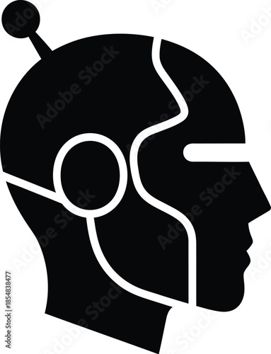 Silhouette profile icon depicting a futuristic robot or android head with visible internal circuitry elements and a small antenna protruding upward