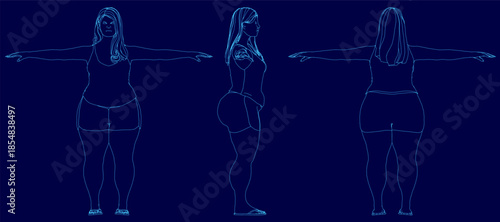 A determined woman with long hair stands before a blue background, illustrating fat loss concepts. She wears a white tank top and black leggings with arms outstretched.
