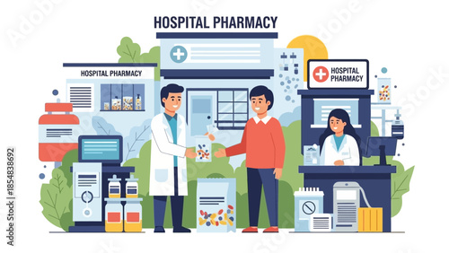 Illustration of a Hospital Pharmacy with Staff and Customers