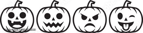 Halloween pumpkin faces set with spooky expressions hand drawn black and white illustration for festive decor