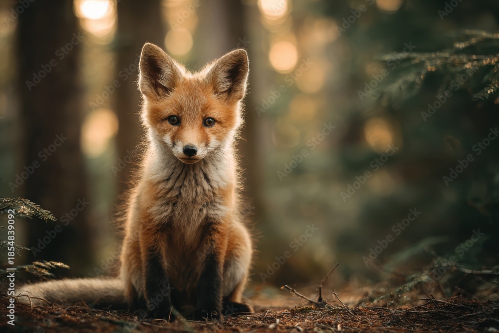 Fototapeta premium cute fox cub sitting, soft natural forest light, shallow depth of field, fluffy fur, emotional expression