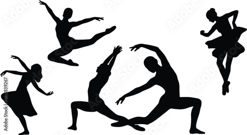 Silhouettes of dancers in motion, black figures, expressive poses, ballet and contemporary style, graceful movement, artistic gesture, white background, fluid posture