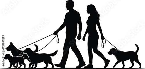 Silhouettes of dog walkers, black figures, group dog walking, leashes held, outdoor activity, pet care, companionship, motion gesture, white background