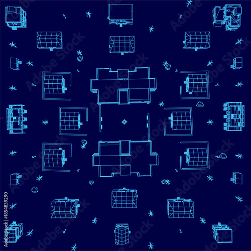 A blueprint of a city house with streets in contour lines features a grid of diverse solar panels on a contrasting blue background. Top view