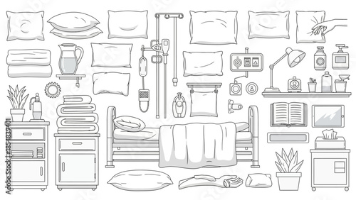 Hand-drawn hospital room elements with medical equipment and furniture