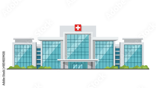 Modern hospital building facade with glass windows and red cross symbol