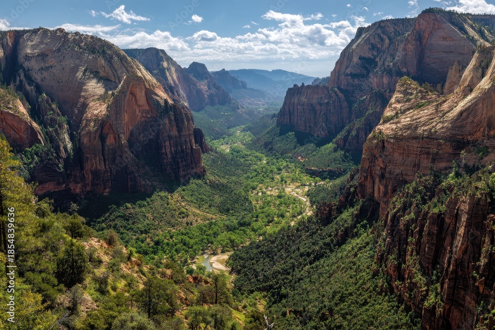 Naklejka premium Panoramic View of Verdant Canyon Valley Framed by Towering Red Sandstone Cliffs Under Blue Sky.