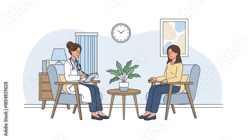 Illustration of a doctor consulting a patient in a modern office