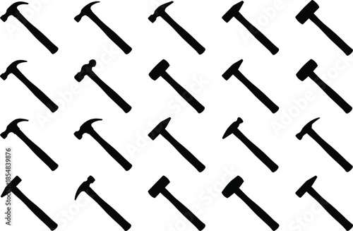 Black hammer silhouettes collection isolated on white background for construction tools, carpentry icons, industrial design, repair concept vector illustration set