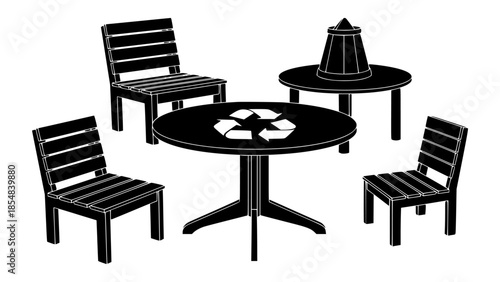 Vector illustration of a garden furniture set including a round table and four chairs with a decorative umbrella on a secondary table