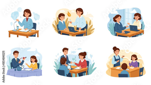 Set of Illustrations Depicting Business Meetings and Teamwork Scenarios