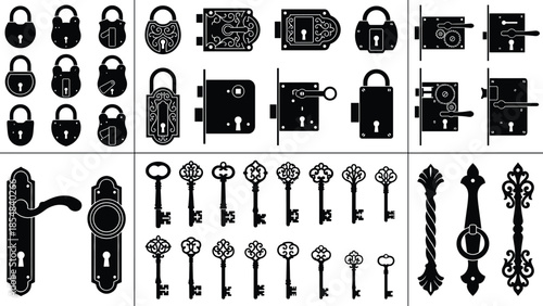 Vintage lock key silhouettes collection featuring padlocks door handles security hardware isolated on white background vector illustration set design icons