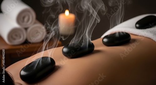 Relaxing Hot Stone Massage Therapy with Steam and Scented Candle in a Luxury Spa Wellness Setting