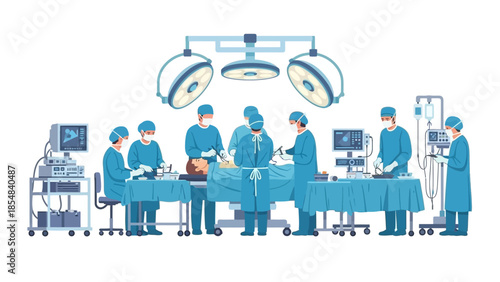 Medical team performing surgery in a modern operating room
