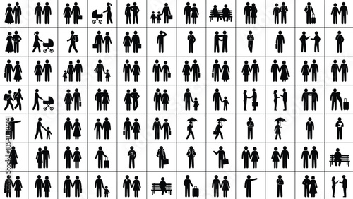 People pictogram silhouettes collection daily life activities couples families social interactions black vector icons set for public signage design