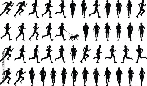 Running people silhouettes collection men women jogging poses black vector illustration isolated set for fitness sport marathon lifestyle design