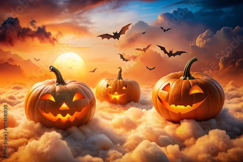 Happy Halloween: Pumpkins & Bats in a Cloudy Orange Sky - Double Exposure Stock Photo