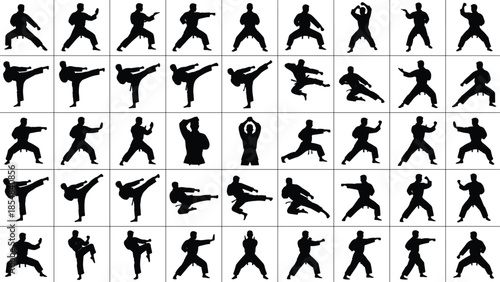 Martial arts silhouette vector set showing karate kung fu fighting poses kicks punches isolated black figures grid illustration collection design