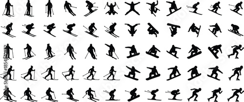 Winter sports silhouettes vector set featuring skiing snowboarding jumping tricks downhill action poses isolated black figures collection illustration design bundle
