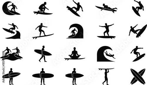 Surfing silhouette vector set showing surfer actions waves tricks balance ocean sport poses isolated black design collection for creative use