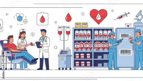 Medical professionals conducting blood donation in modern clinic