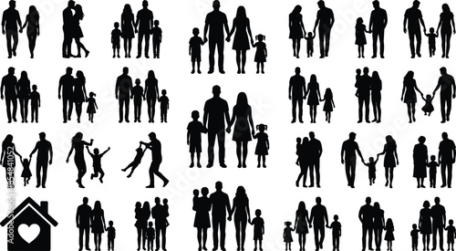 Family silhouette vector set showing parents children couples walking holding hands together isolated black figures collection illustration design people lifestyle