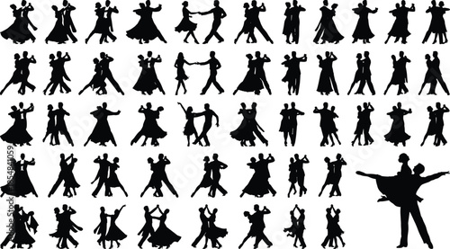 Ballroom dance couple silhouette vector set showing elegant tango waltz poses isolated black figures collection illustration design people motion art